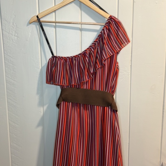 Bisou Bisou Multi Colored Dress w Brown Belt One Shoulder - Picture 6 of 8
